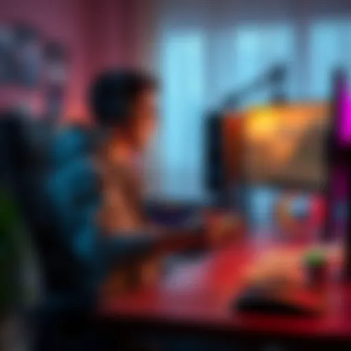 Person playing a game on a computer during a break A person in casual attire enjoying a video game on their computer, surrounded by a cozy home office setup