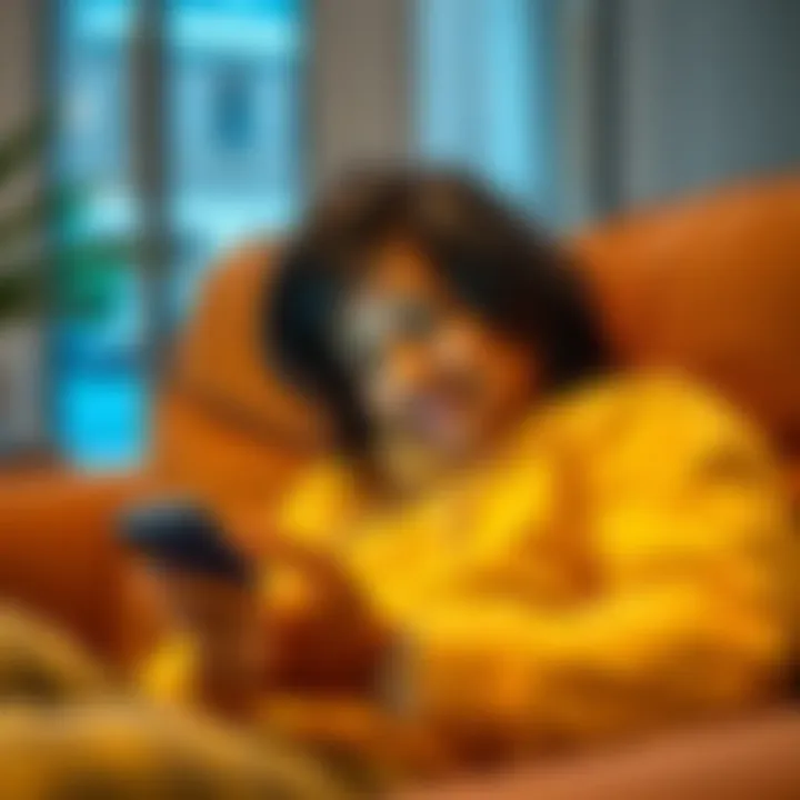 A person sitting on a couch, focused on playing Snap on their smartphone, with a look of enjoyment mixed with boredom.
