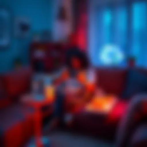 A person sitting on a couch, focused on a video game with a controller in hand, surrounded by snacks and a cozy atmosphere