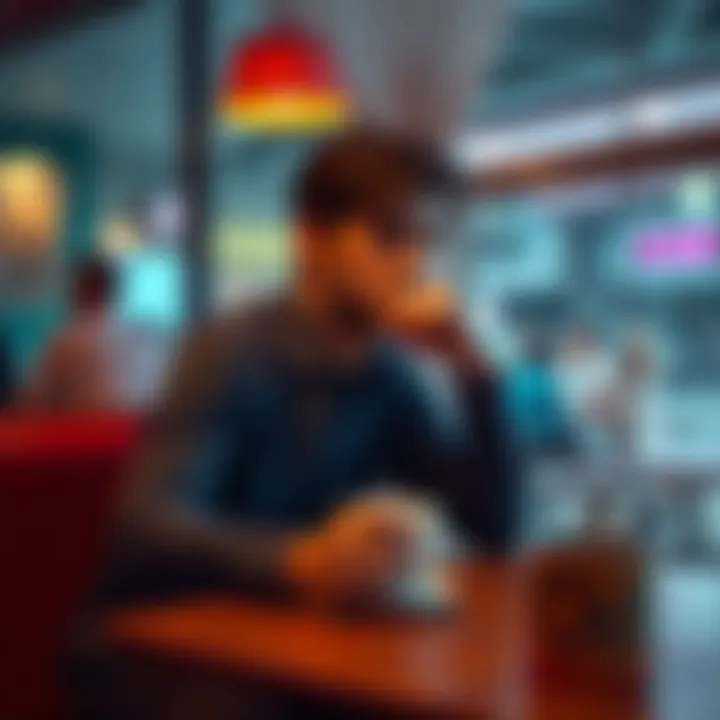 Person pondering in a cafe Individual sitting at a cafe table, looking thoughtful with a coffee cup in hand, reflecting on a recent social interaction.