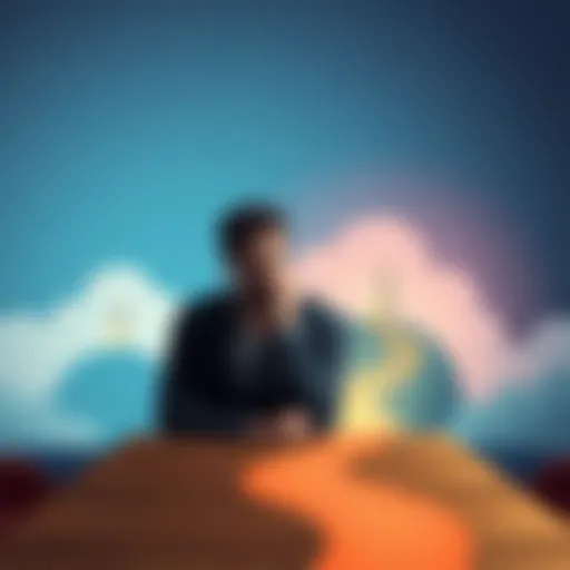 A thoughtful person sits at a table with two pathways illustrated in front of them, representing different life choices and uncertainty.