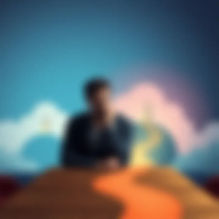 A thoughtful person sits at a table with two pathways illustrated in front of them, representing different life choices and uncertainty.