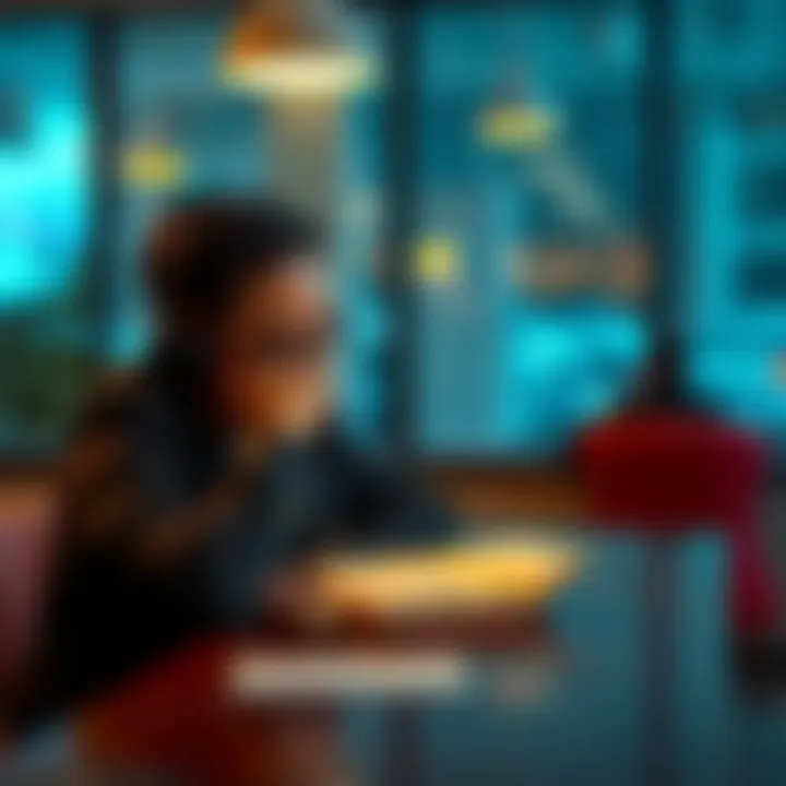 A person sitting at a table with a notebook, contemplating choices with a thoughtful expression.