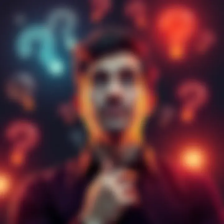 Person pondering intelligence A person with a thoughtful expression, contemplating the concept of intelligence, surrounded by question marks and lightbulbs, symbolizing different viewpoints.