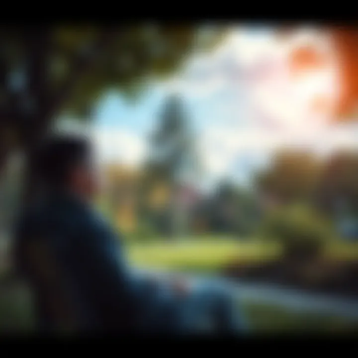 A person sitting on a park bench, looking thoughtfully at the sky, surrounded by trees and nature, reflecting on life's meaning.