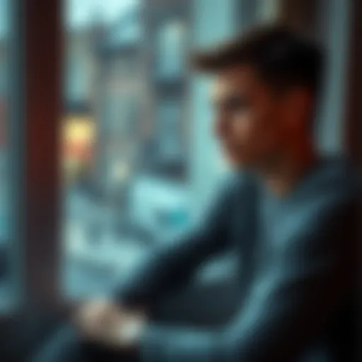 Person pondering A young man sitting alone with a thoughtful expression, looking out a window, reflecting on his feelings of anxiety and introversion.