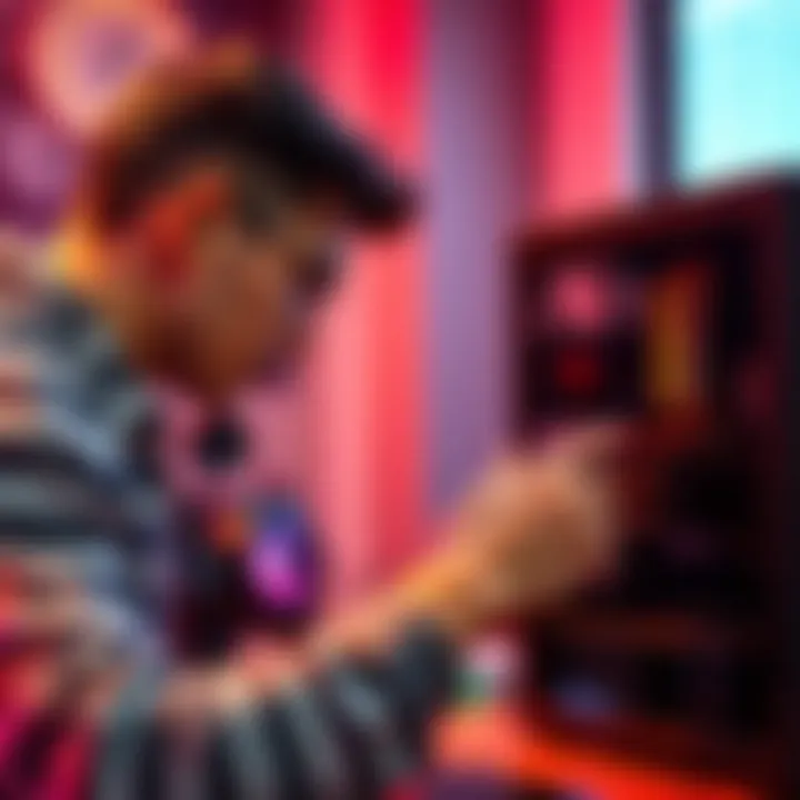Person powering up a PC A young man using a power button on a desktop computer to turn it on, showing an efficient startup process