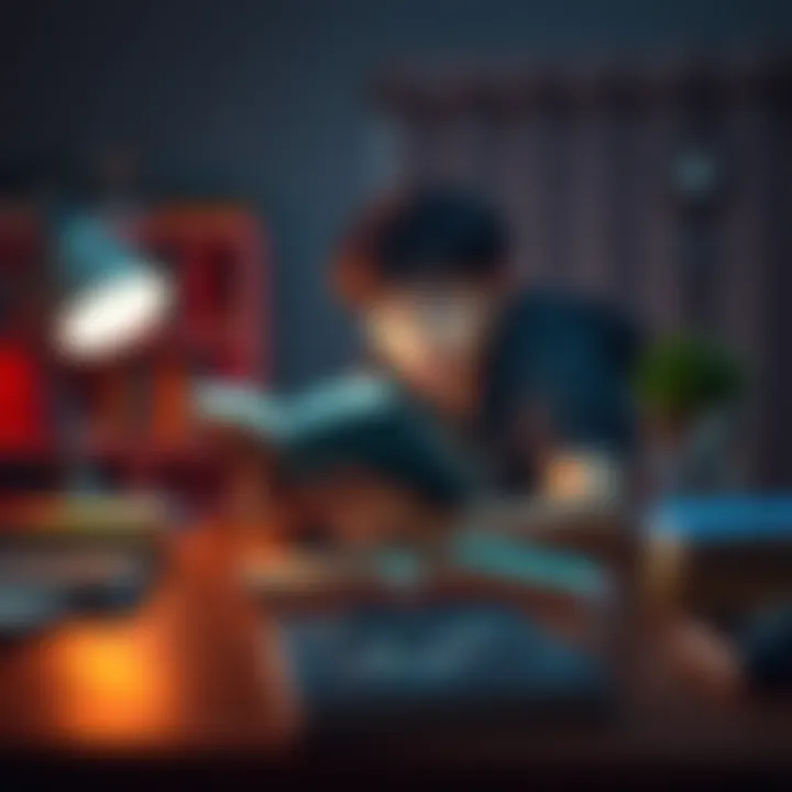 A person sitting at a desk, looking surprised and pretending to read a book as their mom walks in