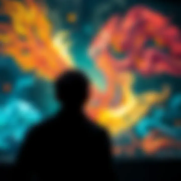 A person stands before a stunning visual piece, visibly moved and emotional, with tears in their eyes, experiencing the beauty of the artwork.