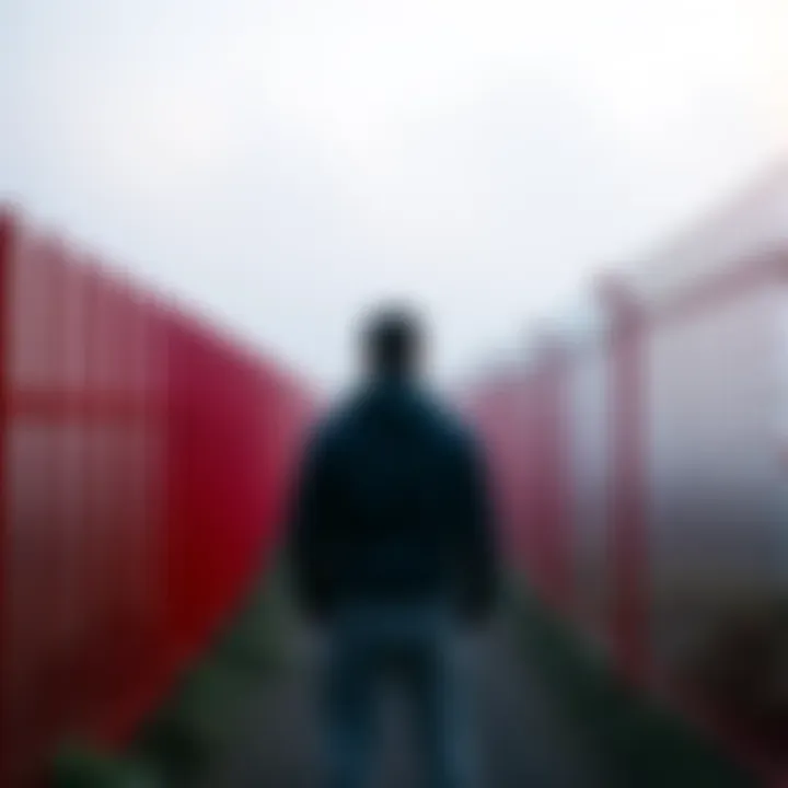 Person near red fence A person standing in front of a red fence, looking thoughtful, with a misty background suggesting a connection to spirits.