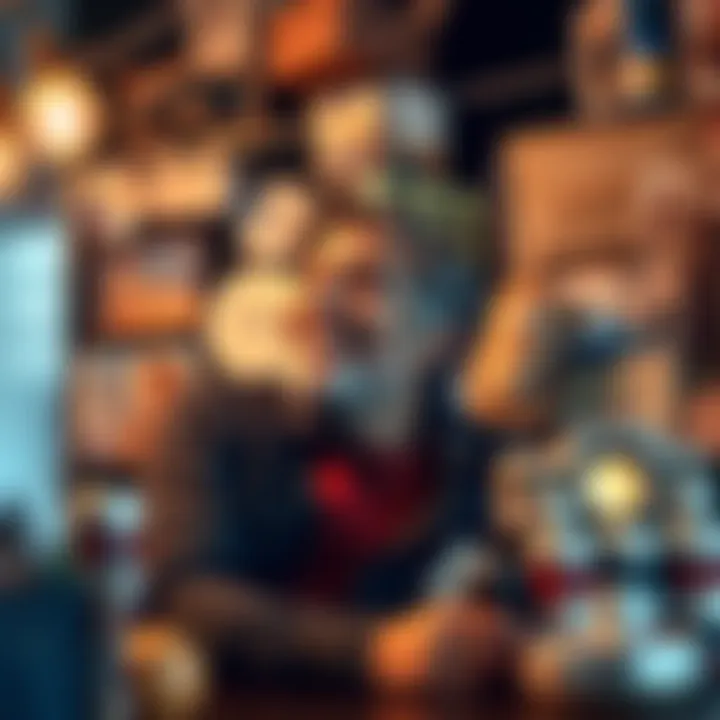 Person Reflecting on Collection Individual surrounded by personal items, smiling while looking at their collection, showing joy and nostalgia during recovery.