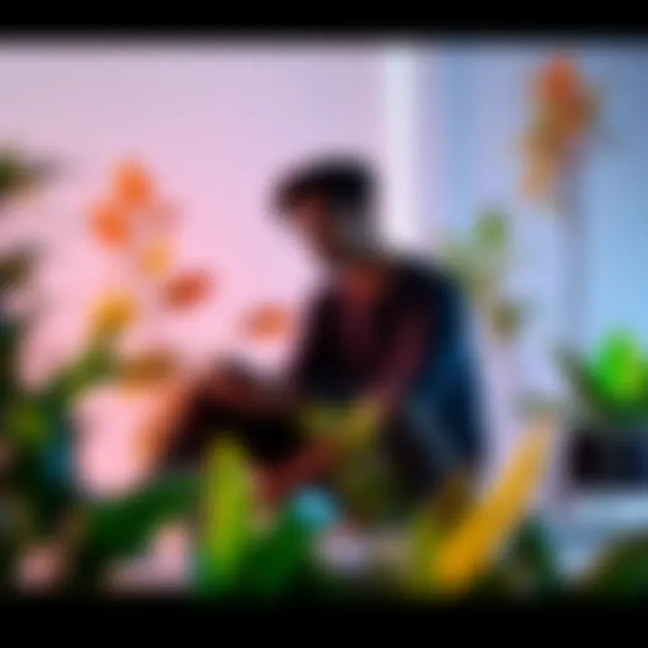 Person Reflecting on Growth A person sitting with a notebook, thinking about their personal growth journey, surrounded by plants symbolizing positivity.