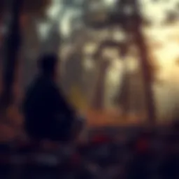 A person sitting alone in a peaceful natural setting, surrounded by trees, looking contemplative as they reflect on themselves.