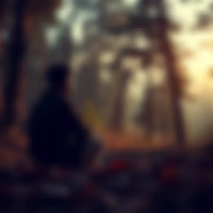 A person sitting alone in a peaceful natural setting, surrounded by trees, looking contemplative as they reflect on themselves.