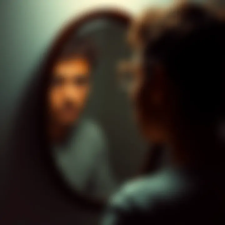 A person reflecting on their self-image while looking in a mirror, symbolizing the journey of self-acceptance.