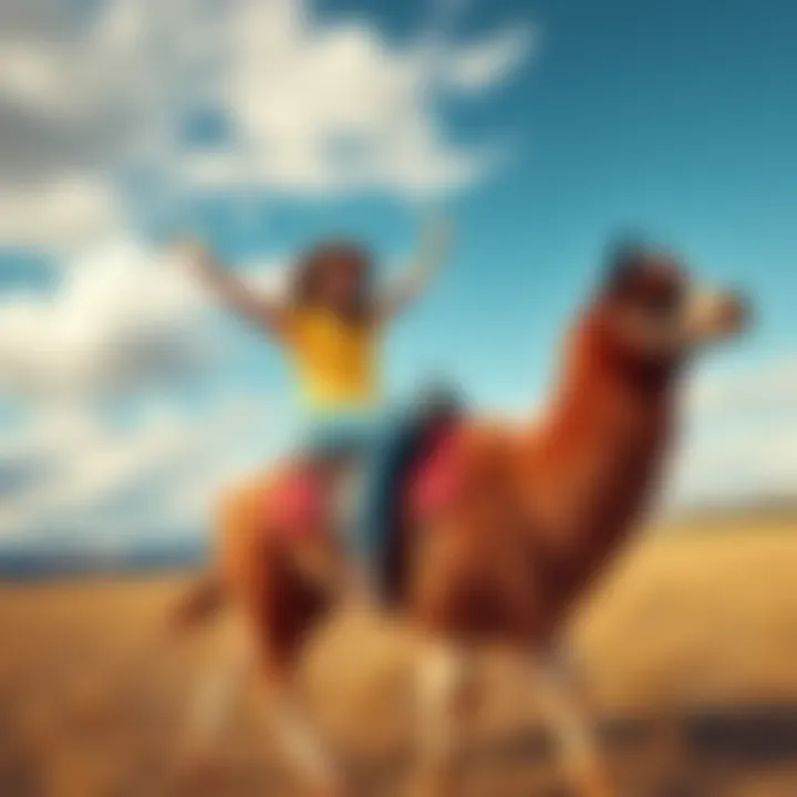 A person joyfully riding a llama in an open field