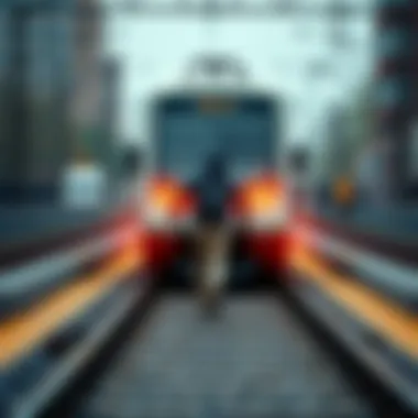 A person unexpectedly dashes in front of a Ferro train on the tracks, leading to a sudden halt.