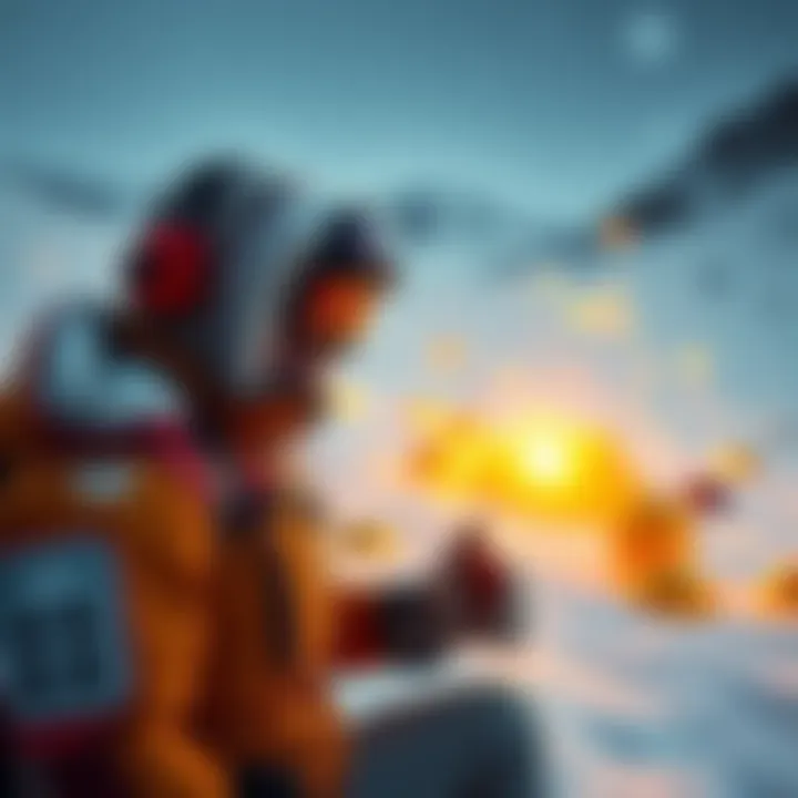 A person wearing snow gear looks for gold objects in a snowy landscape, illustrating challenges of color perception.