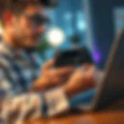 A person holding a Steam Deck while looking at a laptop with a thoughtful expression, showing a decision about gaming devices.