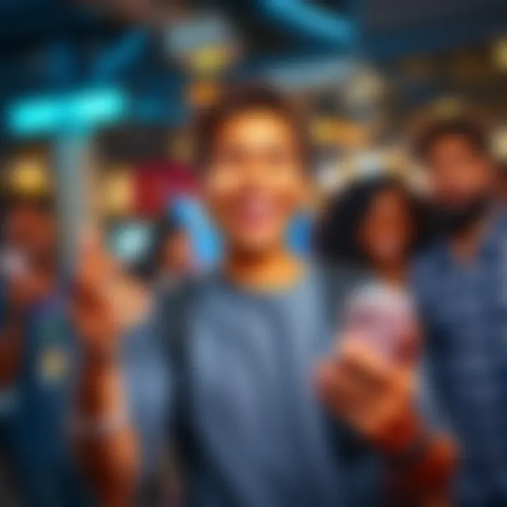 A person happily posting about their achievement on social media with friends reacting positively in the background