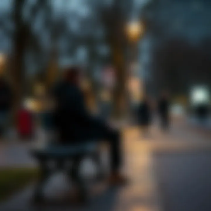 A person sitting on a park bench, looking sad and deep in thought while others walk by, representing feelings of exclusion in social situations.