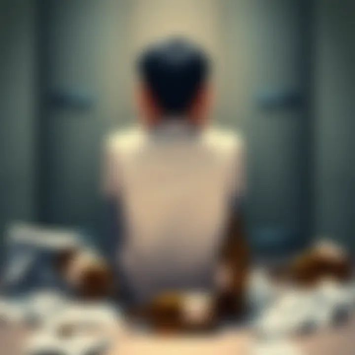 A person sitting alone, looking distressed with their head in their hands, surrounded by crumpled papers and empty bottles, symbolizing the effects of unrealistic expectations on mental health.