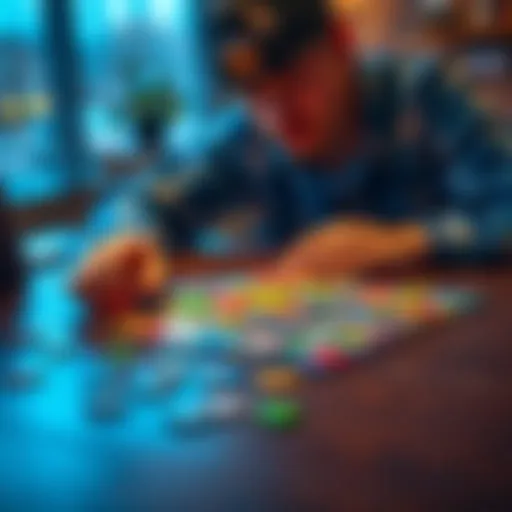 A person focusing on putting together a colorful jigsaw puzzle on a table