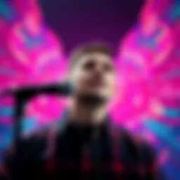 A person speaking into a microphone with vibrant sound waves around them, illustrating the connection between voice and audiovisual art.