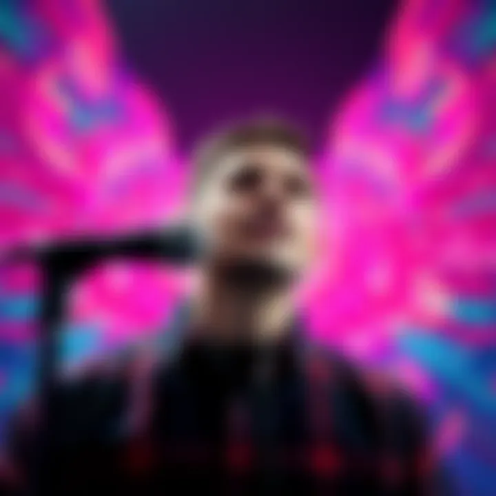 A person speaking into a microphone with vibrant sound waves around them, illustrating the connection between voice and audiovisual art.