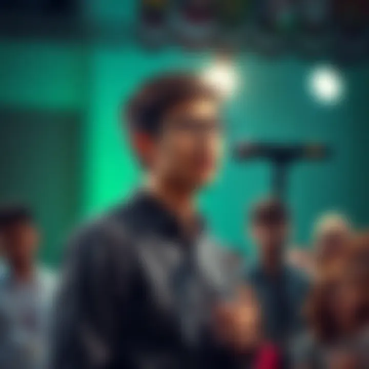 A young person stands confidently at a microphone, sharing their thoughts with a supportive audience, looking determined and focused.