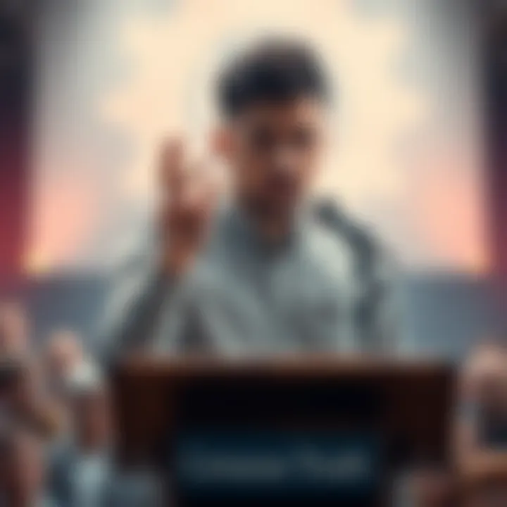 An individual confidently stands at a podium with a microphone, expressing determination to reveal the truth and fight against censorship.