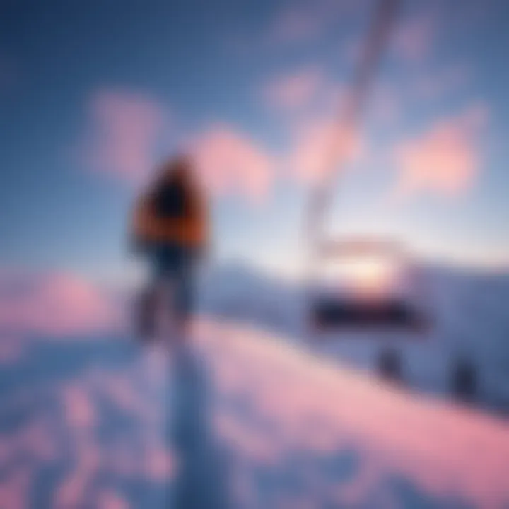 Person stepping off a lift A person confidently stepping off a ski lift onto fresh snow, ready for an adventure.