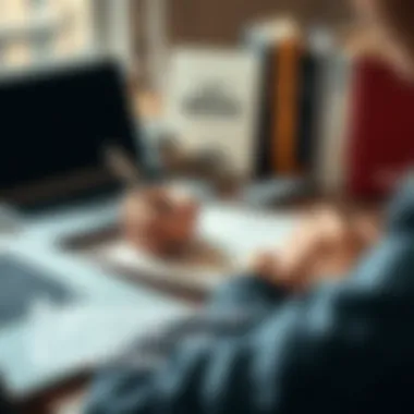 A person writing down six key principles for success on a notepad, surrounded by motivational books and a laptop.