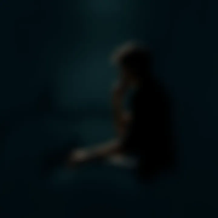 A person sitting alone, looking contemplative with a shadowy background suggesting darker thoughts