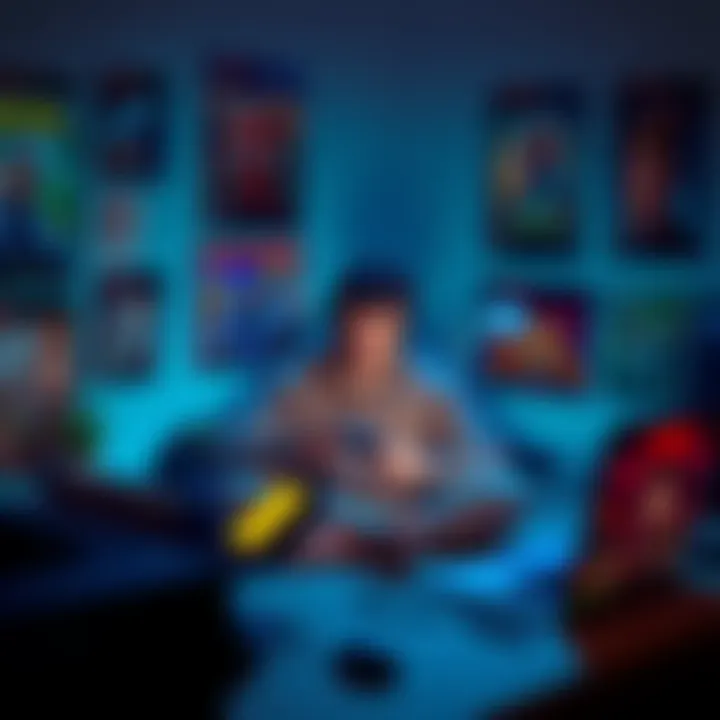 A person sitting at a desk with a game controller, appearing deep in thought, surrounded by game posters and a laptop