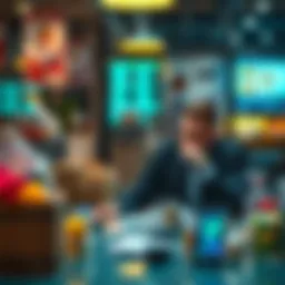 A person sitting at a table with a thoughtful expression, considering their purchase options with various items around them.