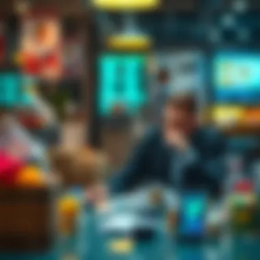 A person sitting at a table with a thoughtful expression, considering their purchase options with various items around them.