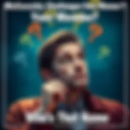 A person looking thoughtful while trying to remember a name, surrounded by question marks.