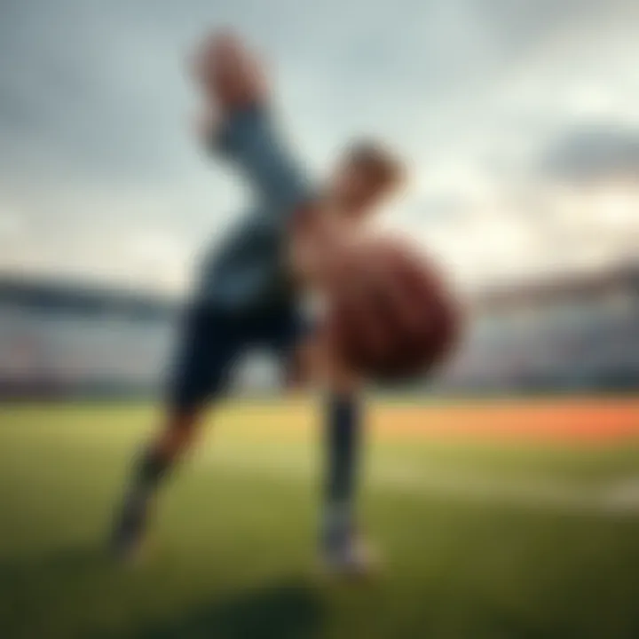 A person in a sports field throwing a ball with focus on their stance and hand technique