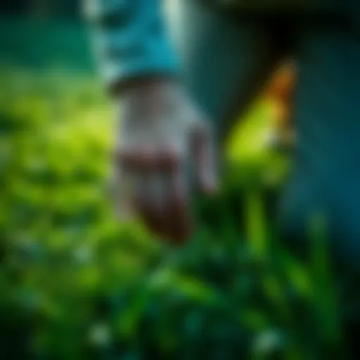 A person kneeling on the grass, reaching out to touch it with their hand, enjoying the feeling of nature