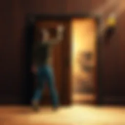 A person struggling to unlock a heavy wooden door that hides a treasure chest behind it