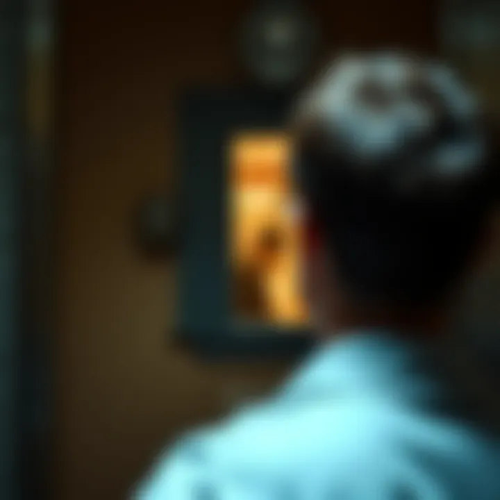 A person looks through a peephole and decides not to open the door for a visitor standing outside.