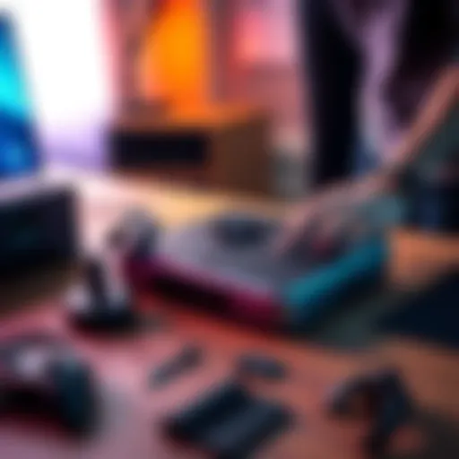 A person carefully unboxing a new Steam Deck gaming device on a table with accessories