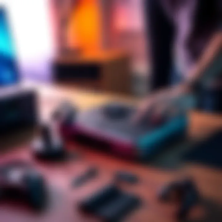 A person carefully unboxing a new Steam Deck gaming device on a table with accessories