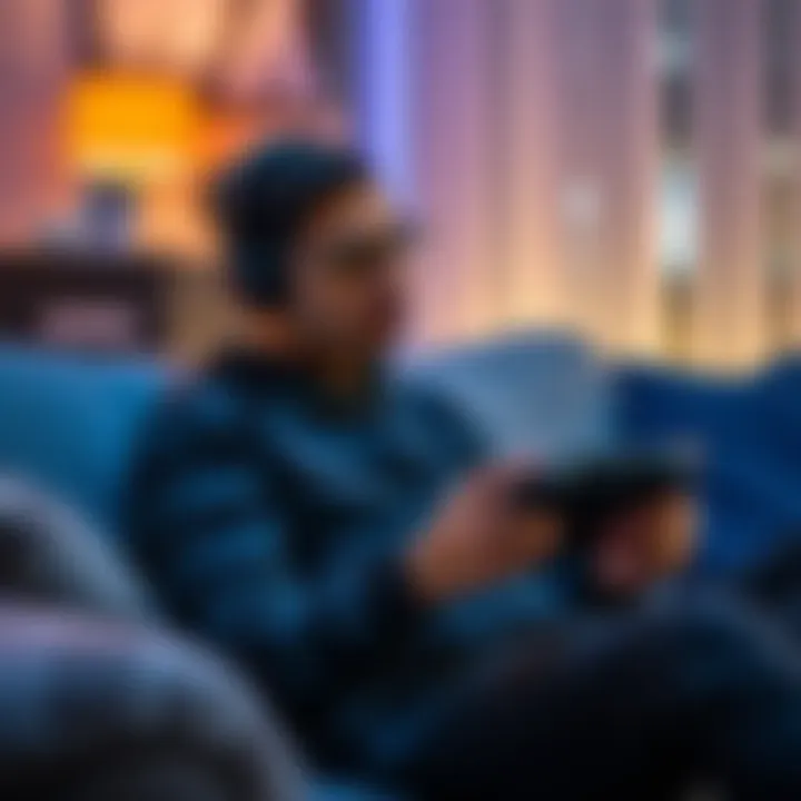 A person sitting on a couch, playing games on a Steam Deck handheld console with a focused expression.