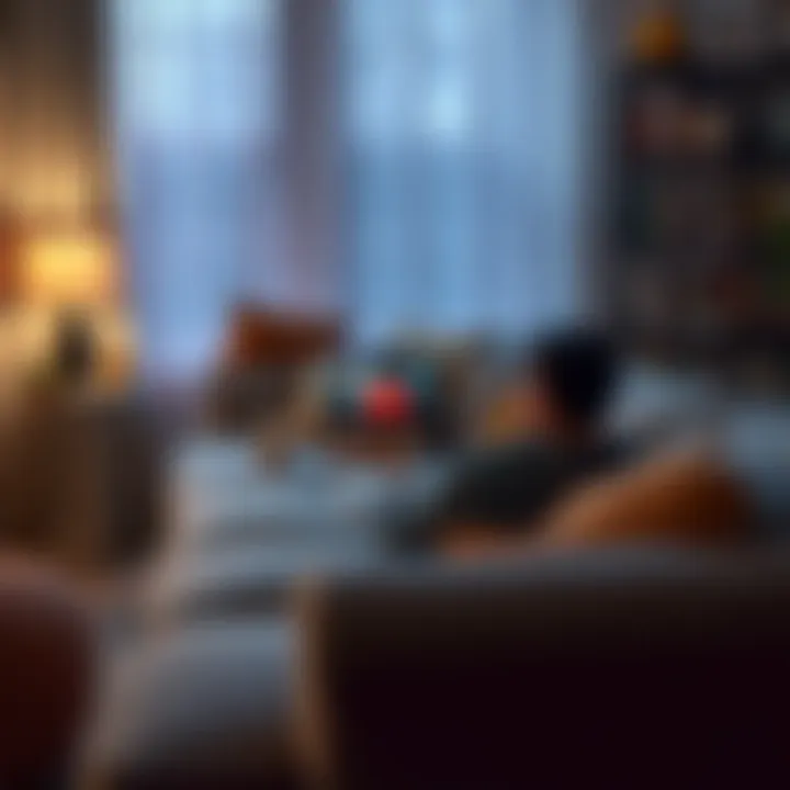 A person relaxed on a couch, watching a YouTube video on a laptop, surrounded by snacks and a cozy atmosphere.