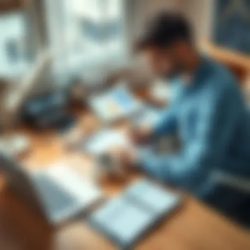 Person working at a desk with a planner A focused person sits at a desk, writing in a planner and using a laptop, surrounded by productivity tools and a cup of coffee