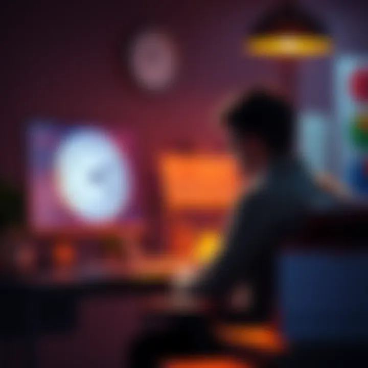 A determined individual sitting at a desk, focused on completing tasks with a countdown clock in the background, symbolizing hard work and anticipation of a break.
