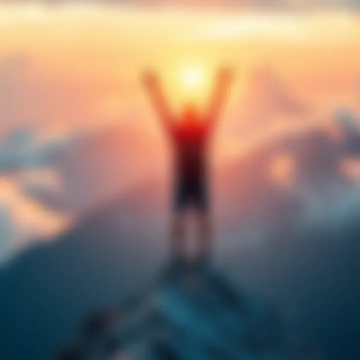 A person standing triumphantly on a mountain peak, arms raised in celebration, symbolizing achievement and potential.