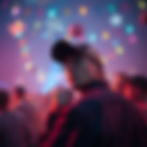 Person at a Party A person looking uncomfortable at a lively party while thinking about hunting gear in the background.